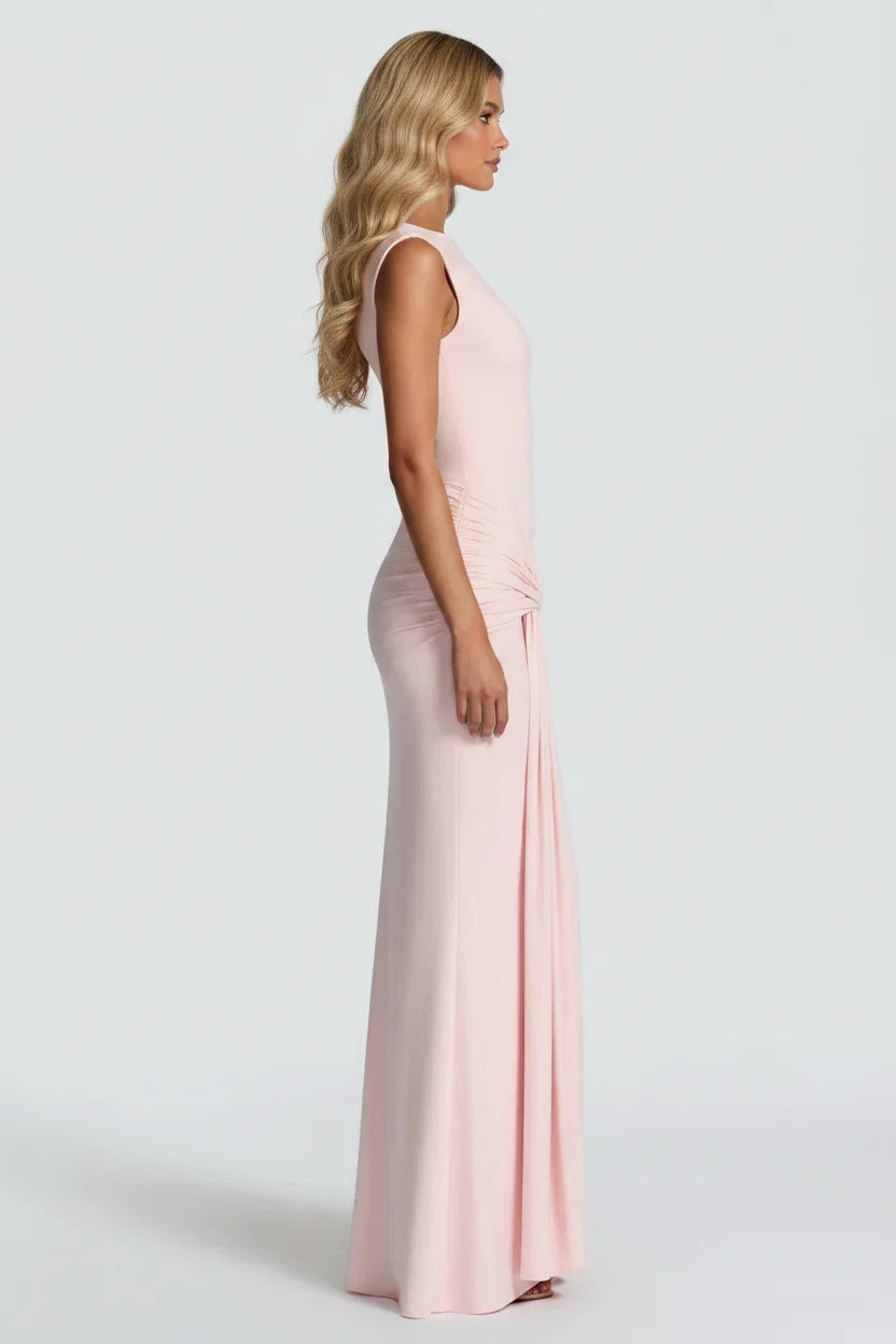 Damen Maxikleid mit Drapierung und Rundhalsausschnitt