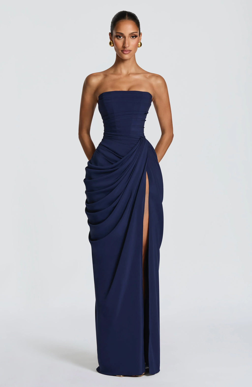 Damen Abendkleid trägerlos mit Drapierung und Beinschlitz