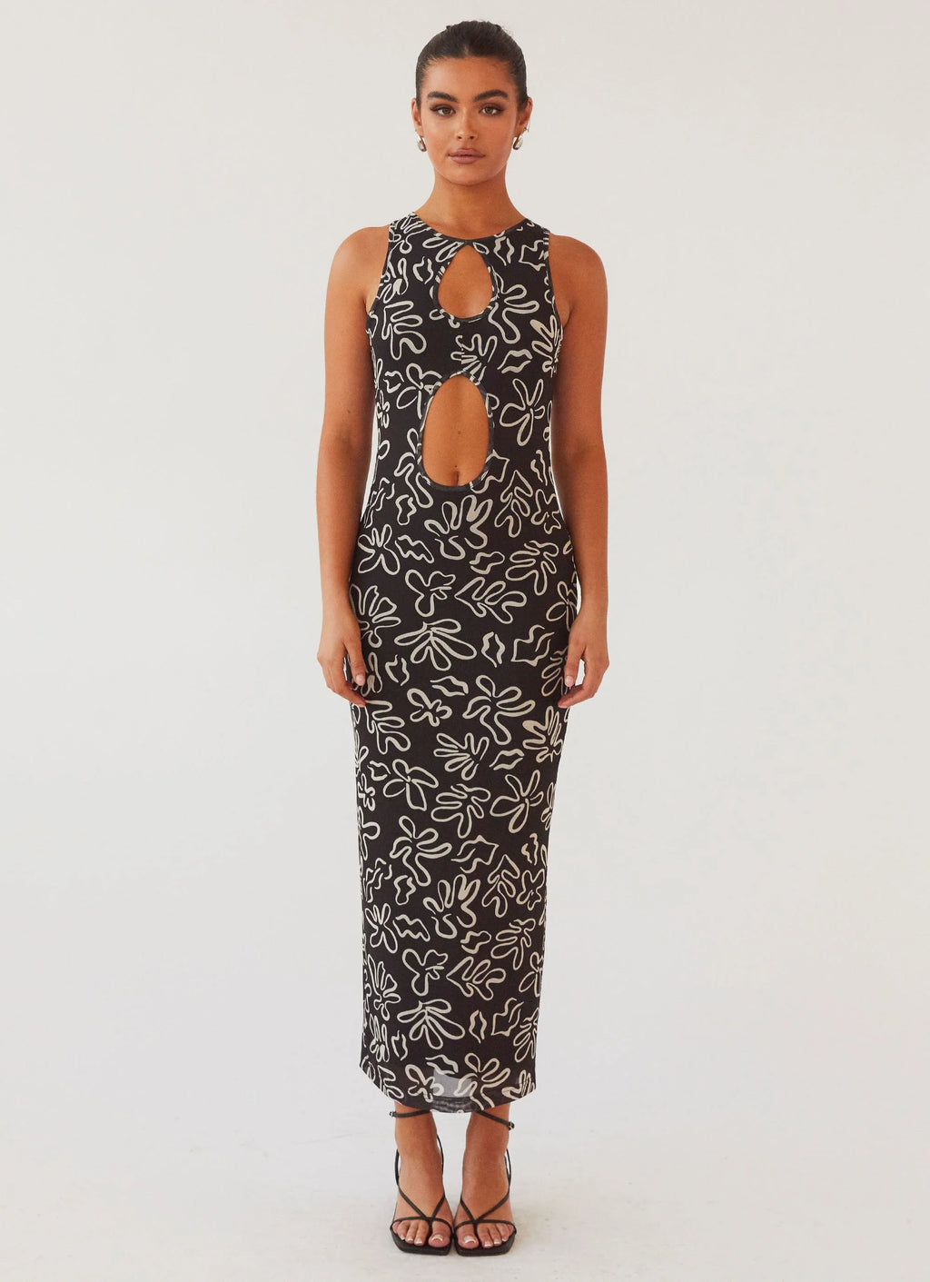 Figurbetontes Maxikleid mit Cut-outs und Mesh-Akzenten