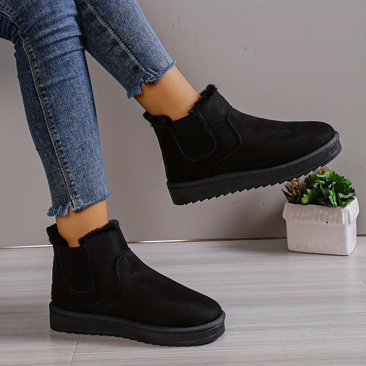 Stiefeletten gefüttert mit flachem Absatz – Beige
