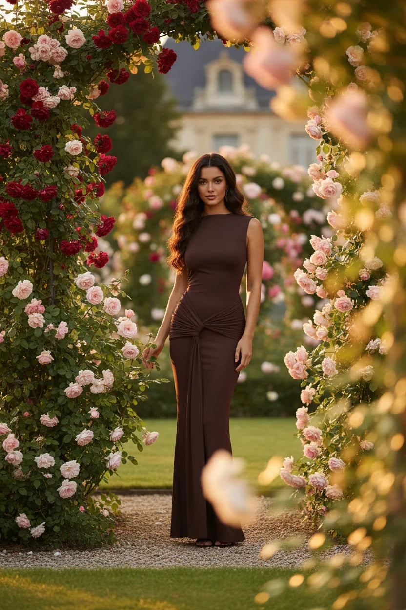 Damen Maxikleid mit Drapierung und Rundhalsausschnitt