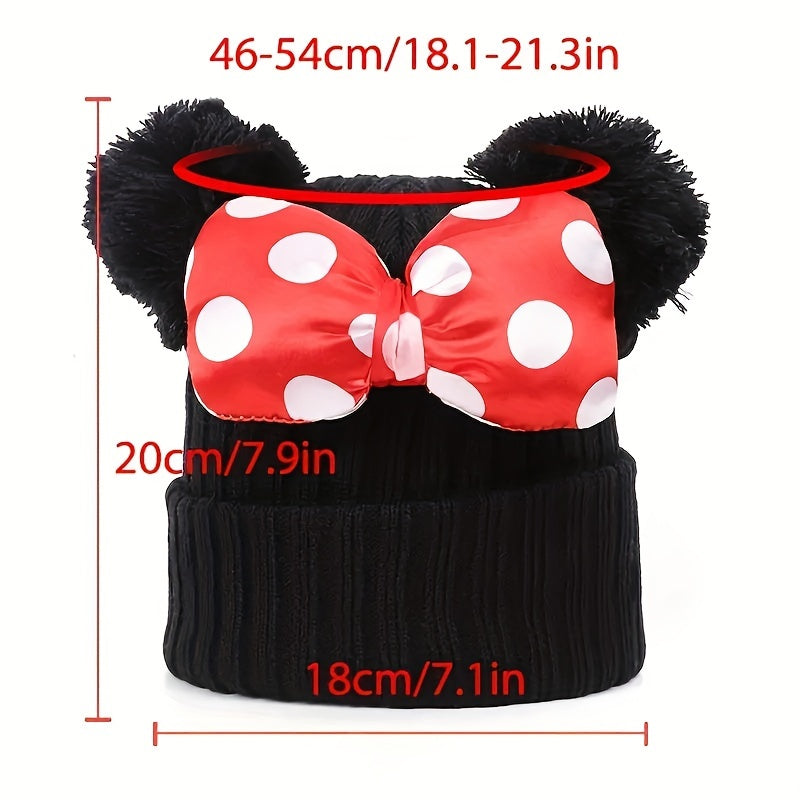 Sanne Niedlicher Minnie Hut für Kinder – Gestrickte Beanie mit Schleife sowie Pompons