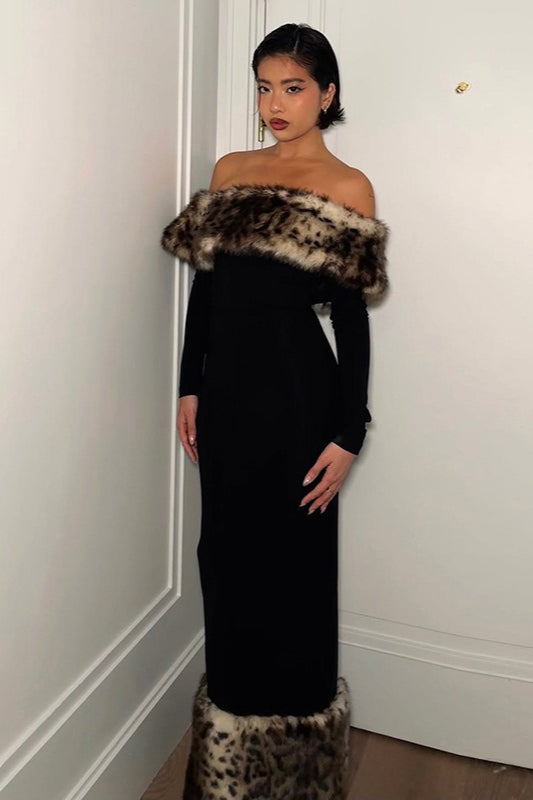 Schulterfreies Maxikleid mit Leopardenmuster