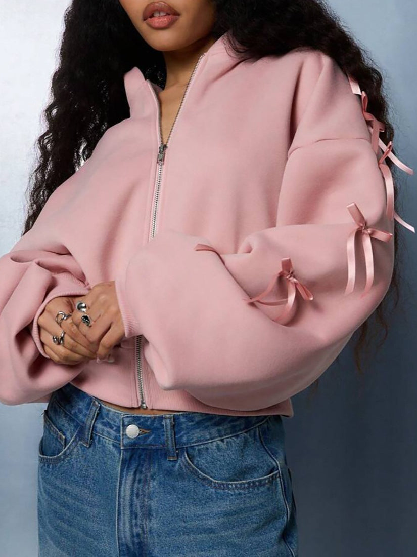 Hoodie mit Reißverschluss, Schleifendetail und Stickerei