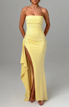 Zafira – Schulterfreies Maxikleid mit Beinschlitz und Falten