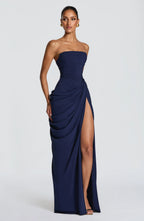 Damen Abendkleid trägerlos mit Drapierung und Beinschlitz