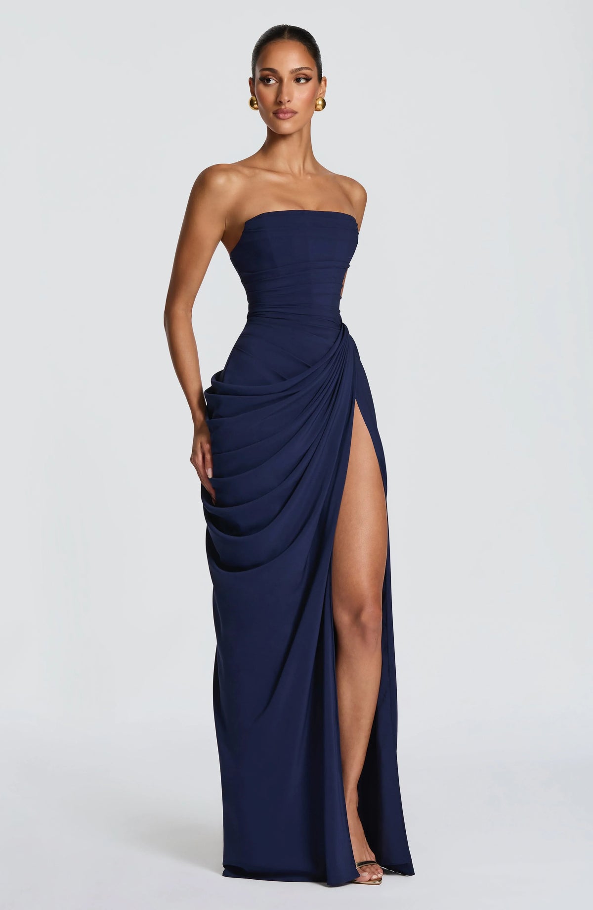 Damen Abendkleid trägerlos mit Drapierung und Beinschlitz