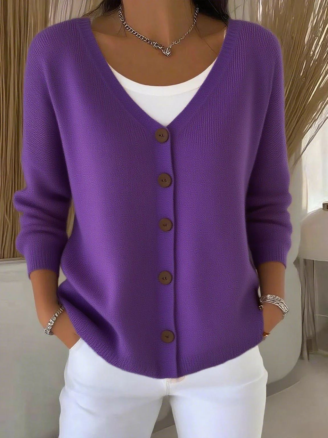 Langarm V-Ausschnitt Knopf Pullover