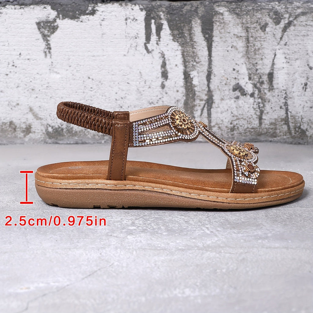 Damen Flache Sandalen mit Strasssteinen sowie Elastischem Band im Boho-Stil