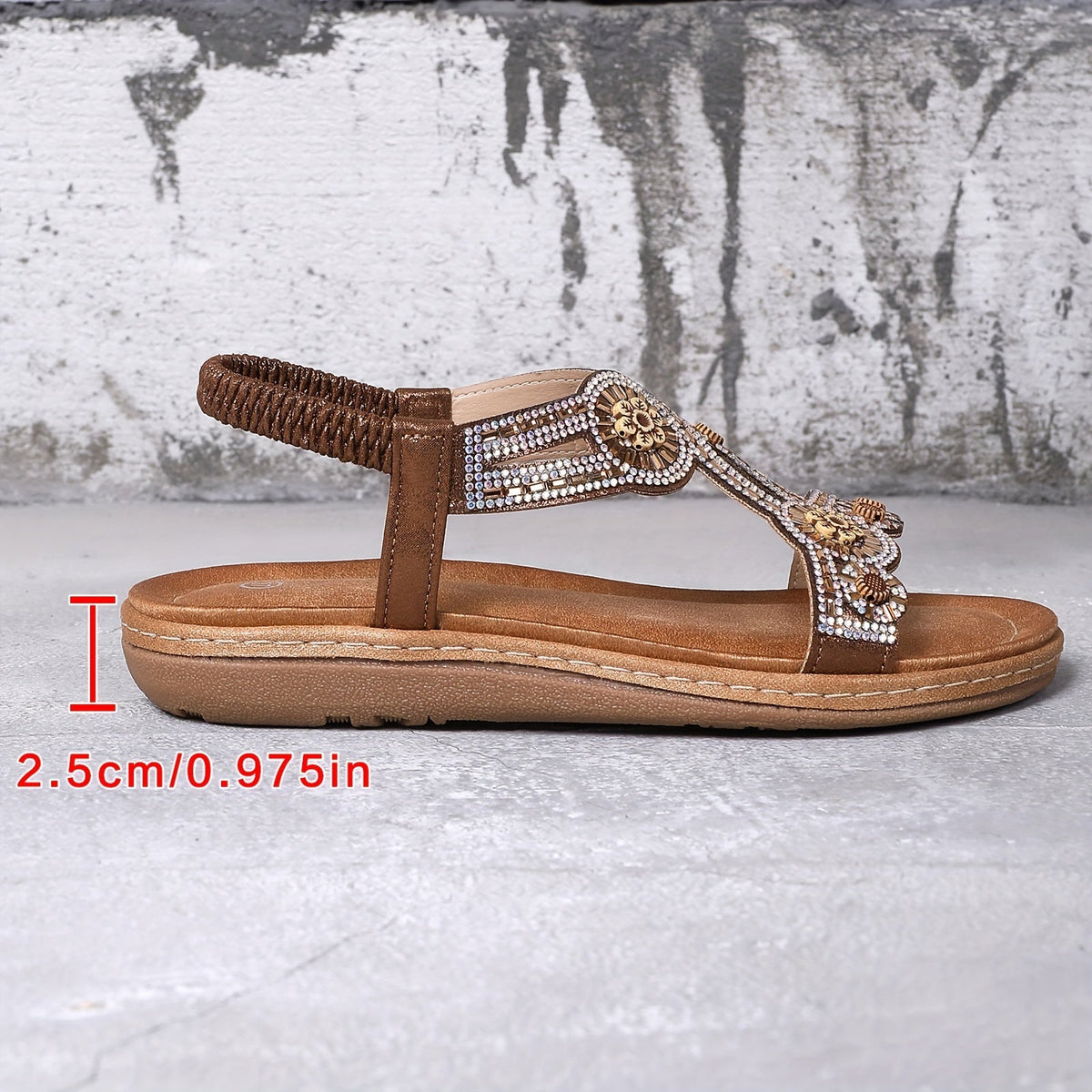 Damen Flache Sandalen mit Strasssteinen sowie Elastischem Band im Boho-Stil