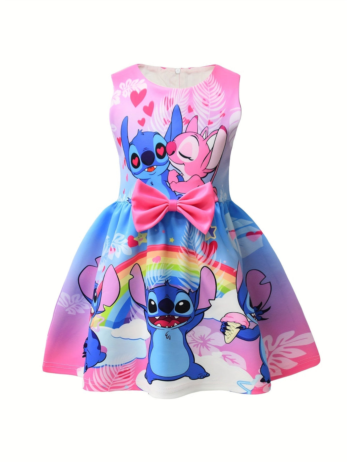 Disney Stitch Mädchen Ärmelloses Rundhalskleid inklusive Schleife & Blumenmuster - Leichter Polyester-Spandex