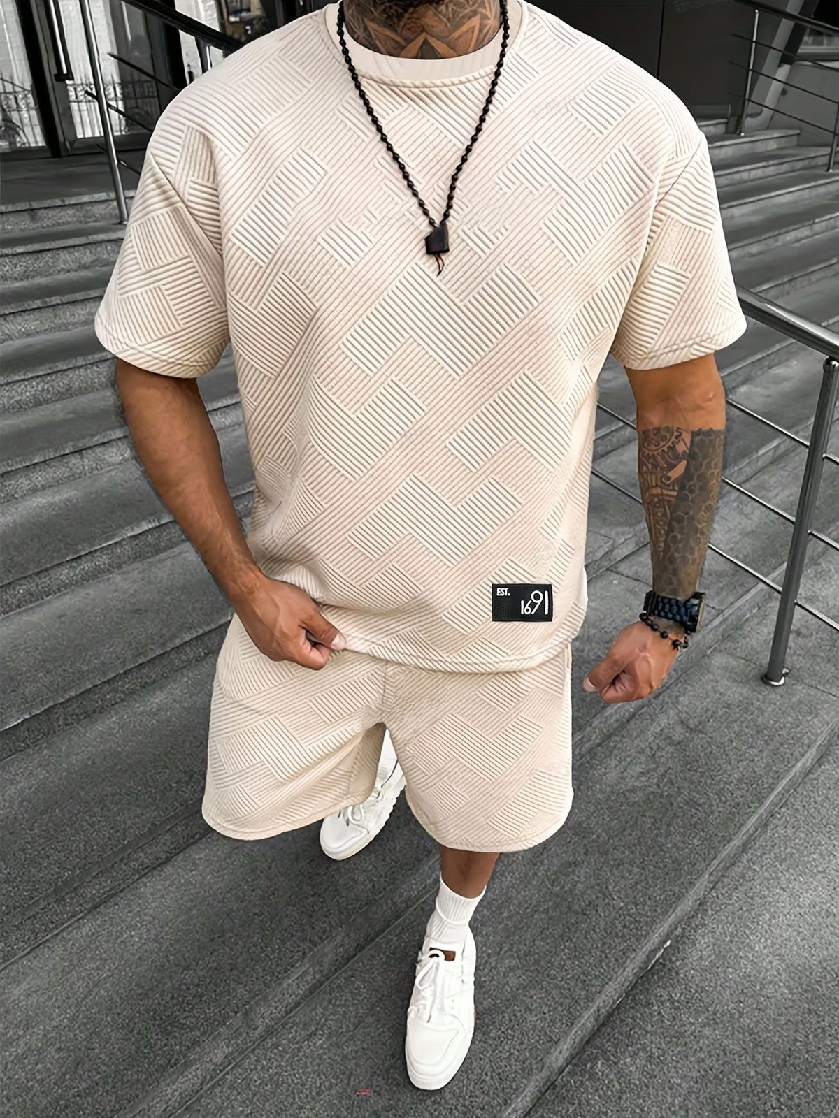 Herren Modisch Jacquard T-Shirt und Shorts Set – Lässig und Sportlich für Warme Tage