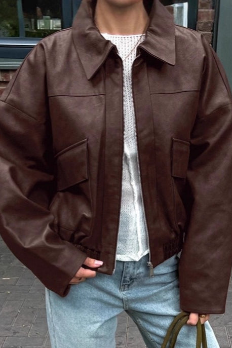 Jacke mit Kunstleder in Braun mit Reißverschluss