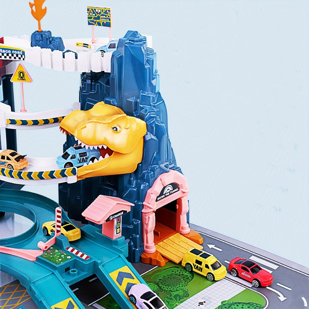 JurassicRacer Abenteuer Set - Spannende Rennbahn mit Dinosauriern sowie Fahrzeugen für Kinder