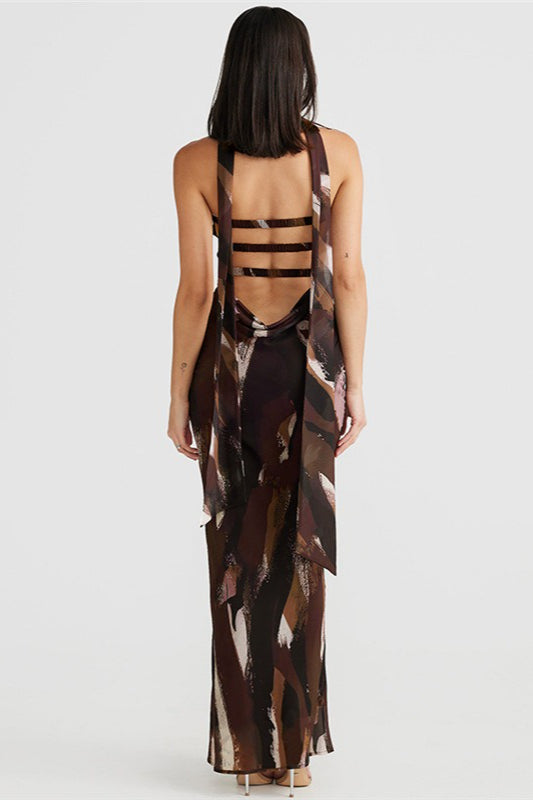 Trägerloses Maxikleid mit Druck in Braun