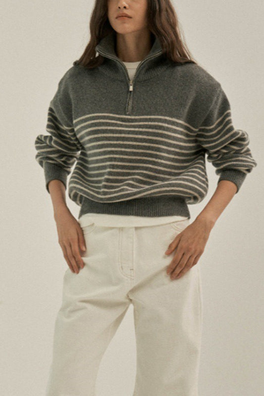 Pullover mit Reißverschluss, Streifenmuster und Strickstruktur in Beige