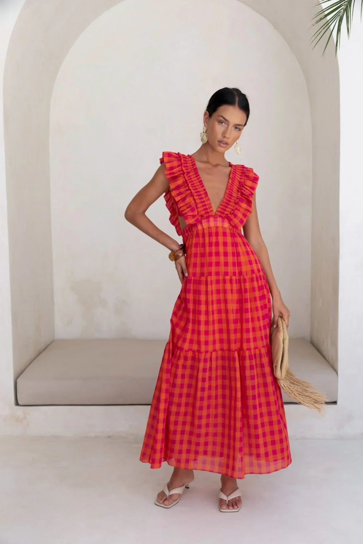 Ärmelloses Maxikleid mit Cut-outs und Karomuster