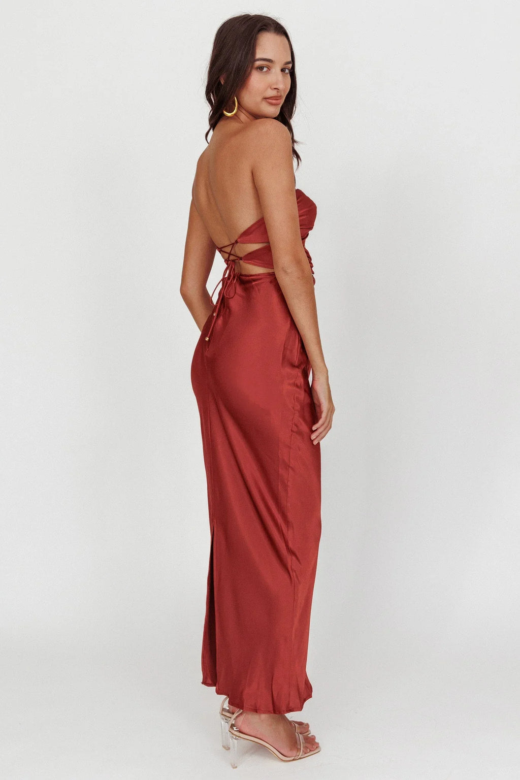 Satin-Maxikleid mit offenem Rücken und Korsett-Schnürung