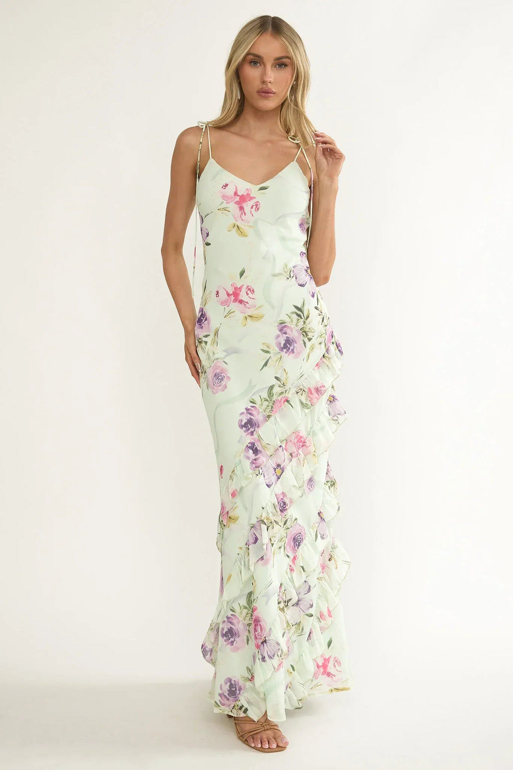 Damen Maxikleid mit Blumenmuster und Volants