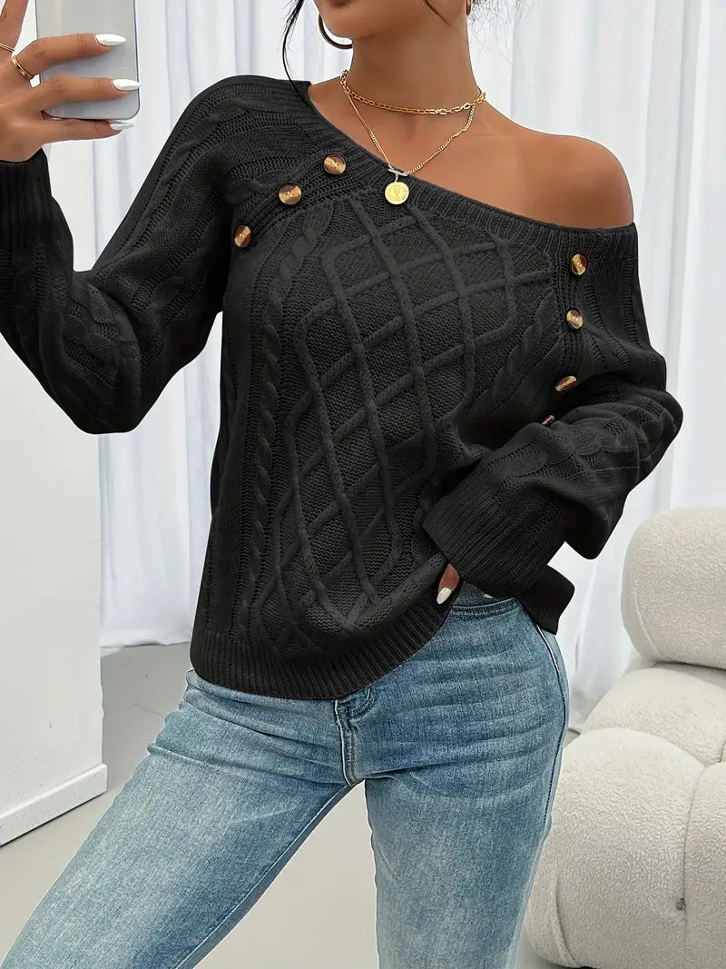 Langärmeliger Pullover Mit Zopfmuster, Lässiger Pullover Mit Rundhalsausschnitt