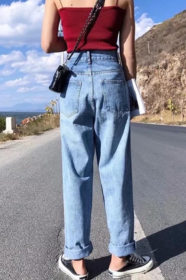 High-Waist Loose-Fit-Jeans mit Farbblock-Design und aufgesetzten Taschen