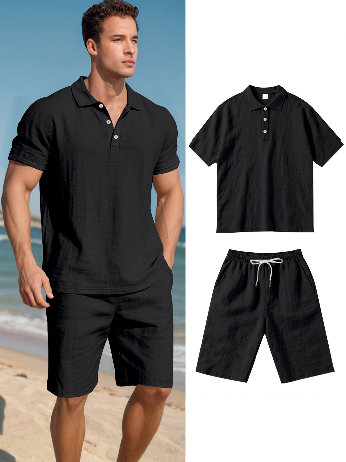 Herren Leinen Polo sowie Shorts Set – Bequem und Lässig für Warme Tage
