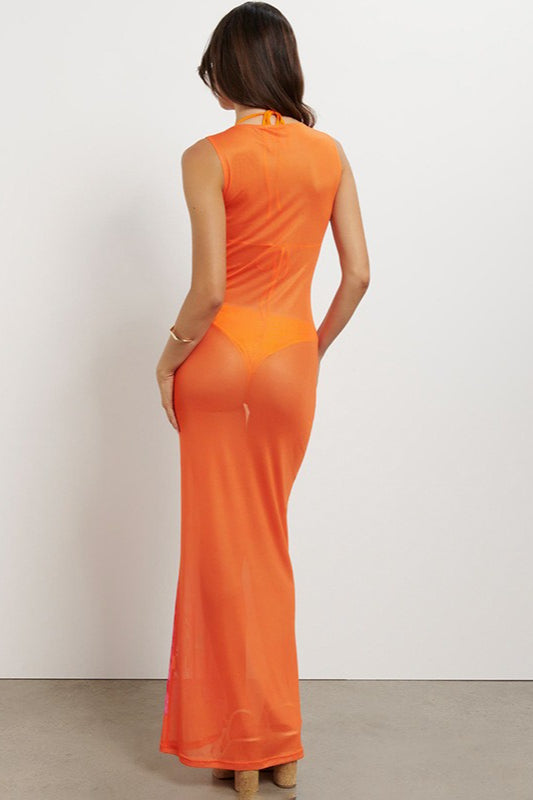 Ärmelloses Maxikleid mit Blumenmuster und Netzdetails