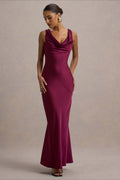 Figurbetontes Maxikleid mit Satinoptik in Claret