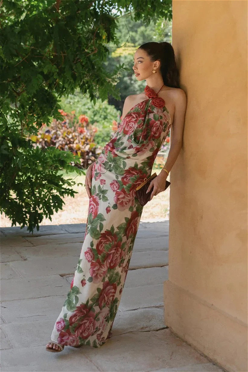 Schulterfreies Kleid mit Neckholder und Blumenmuster