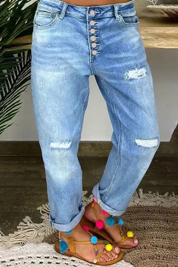 Low-Rise Straight-Leg-Jeans mit Used-Look und Knopfleiste