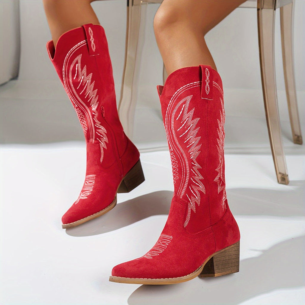 Damen Bestickte Cowboy-Stiefel mit Spitzennase sowie Mittelabsätzen