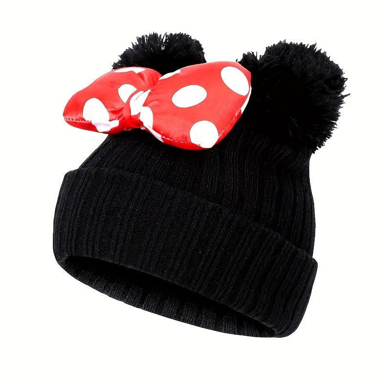 Sanne Niedlicher Minnie Hut für Kinder – Gestrickte Beanie mit Schleife sowie Pompons