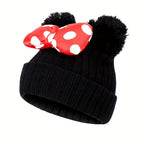 Sanne Niedlicher Minnie Hut für Kinder – Gestrickte Beanie mit Schleife sowie Pompons