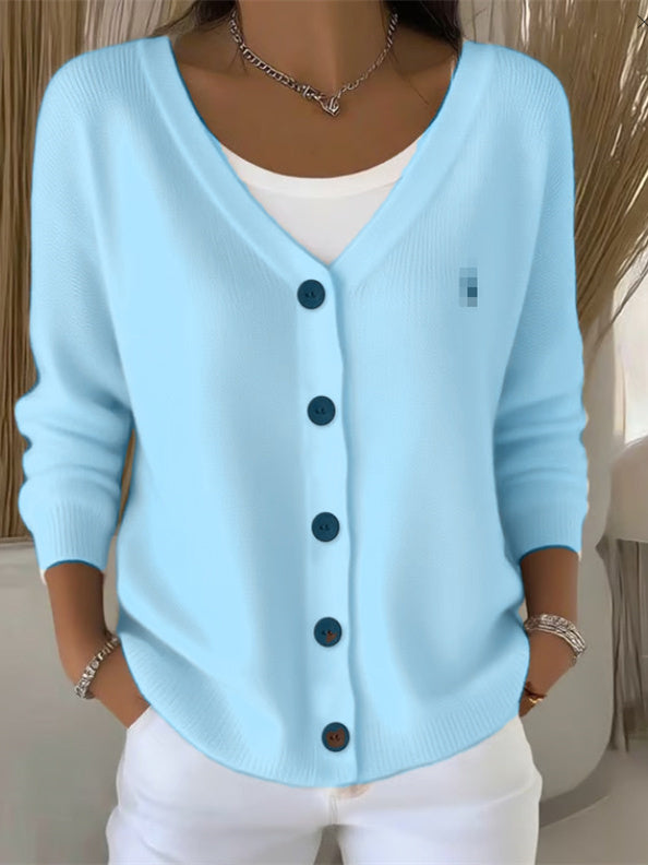 Langarm V-Ausschnitt Knopf Pullover