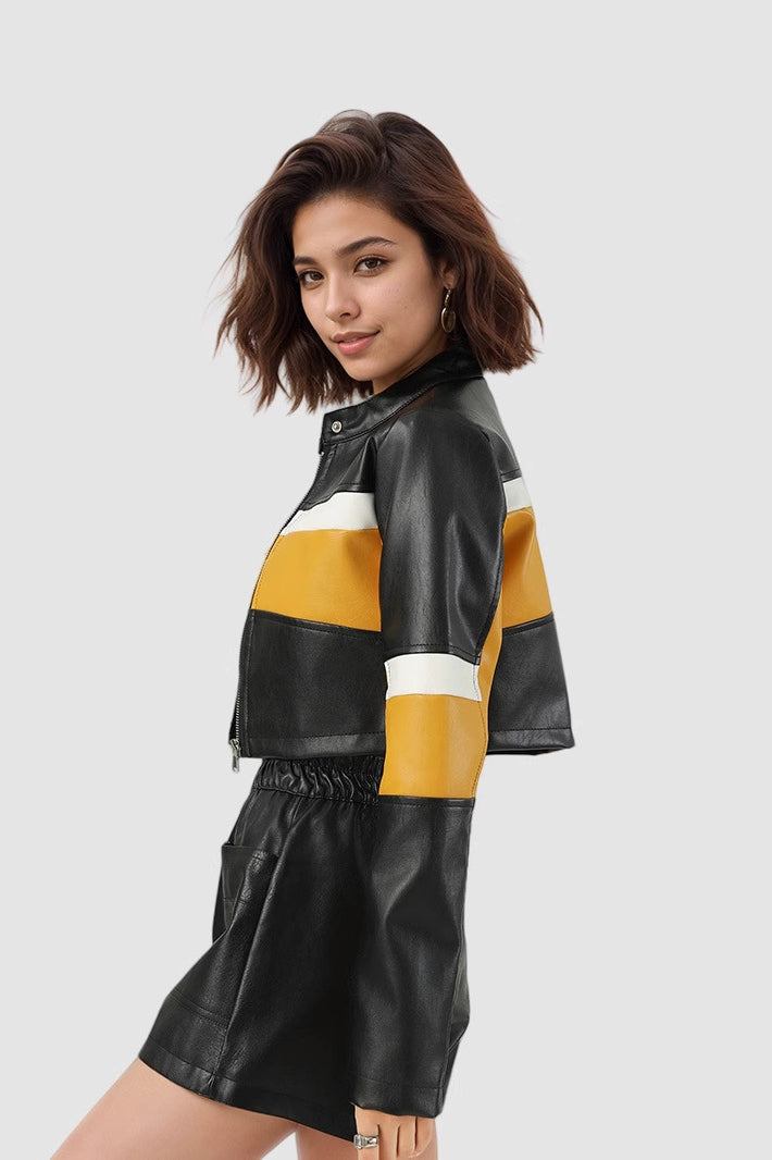 Jacke mit kurzem Schnitt, Farbblockmuster und Kunstleder