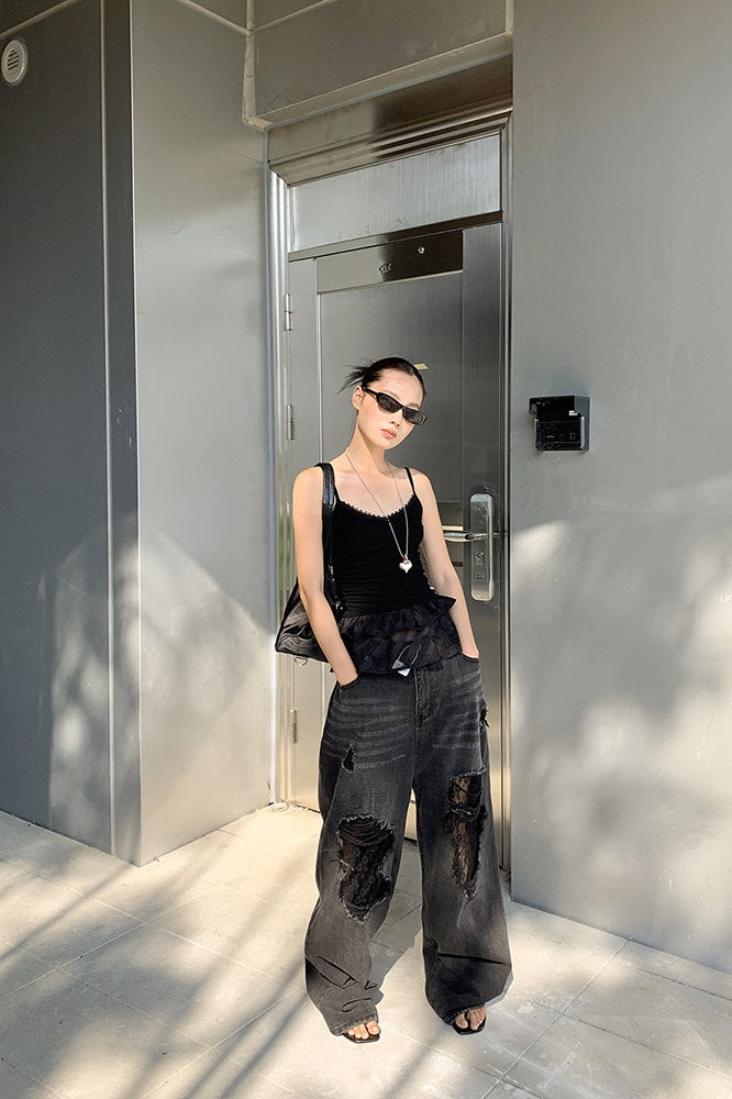 Jeans mit weitem Bein und Spitze in Schwarz