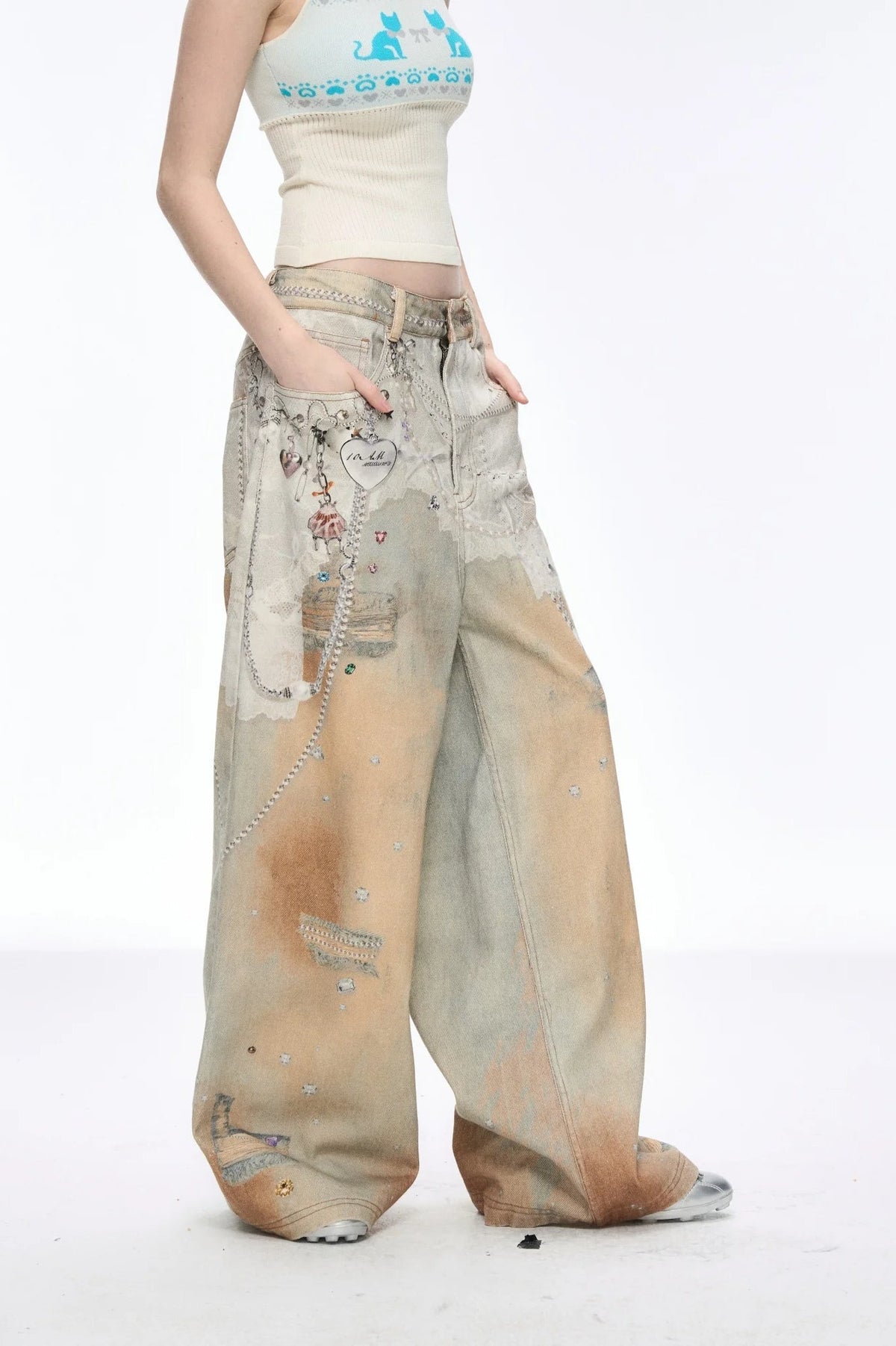 Jeans mit weitem Bein, Bindedetail und Denim