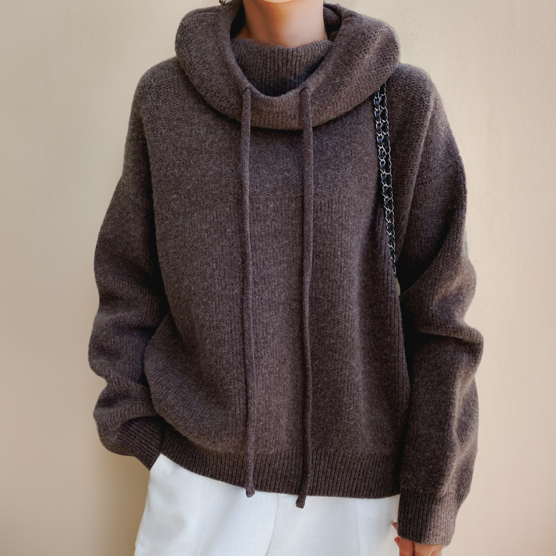 Damen Strickpullover mit weitem Rollkragen und Kordelzug