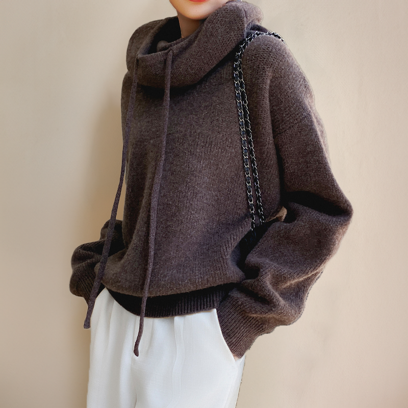 Damen Strickpullover mit weitem Rollkragen und Kordelzug