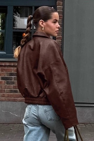 Jacke mit Kunstleder in Braun mit Reißverschluss