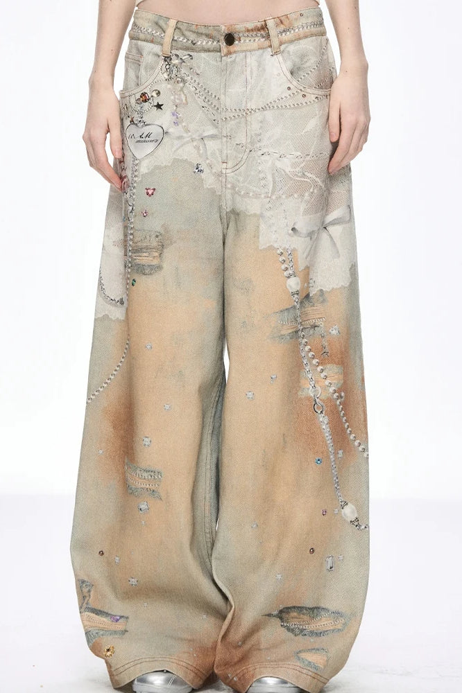 Jeans mit weitem Bein, Bindedetail und Denim