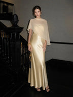 Damen Satin-Maxikleid mit Chiffon-Cape