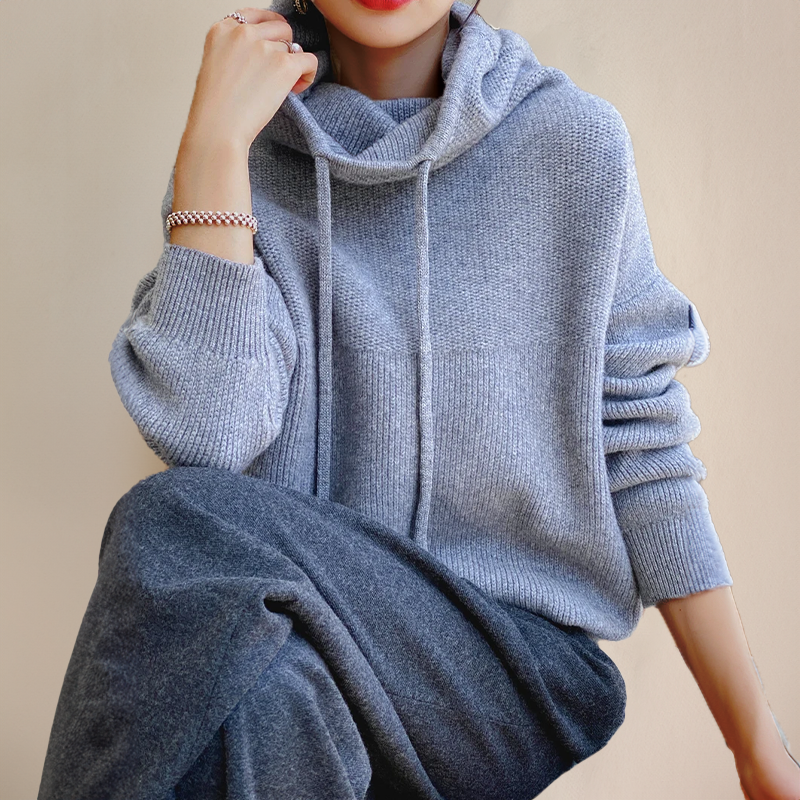 Damen Strickpullover mit weitem Rollkragen und Kordelzug