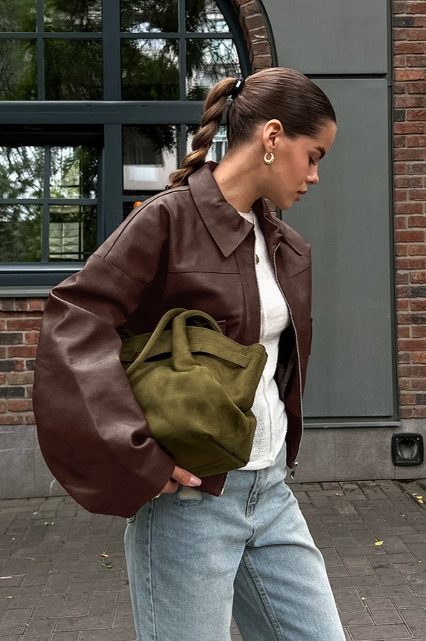 Jacke mit Kunstleder in Braun mit Reißverschluss