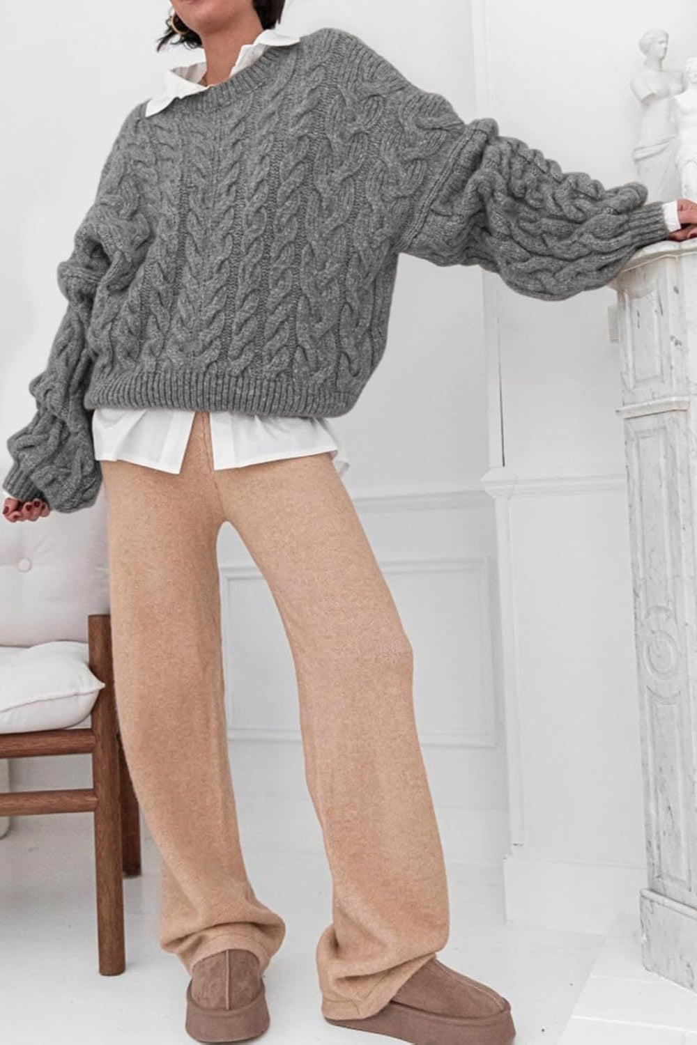 Pullover mit Strickstruktur in Weiß mit Rundhalsausschnitt