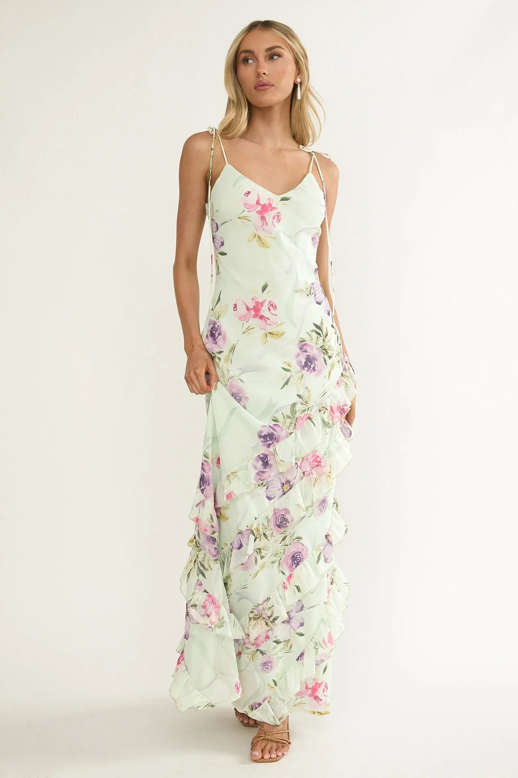 Damen Maxikleid mit Blumenmuster und Volants