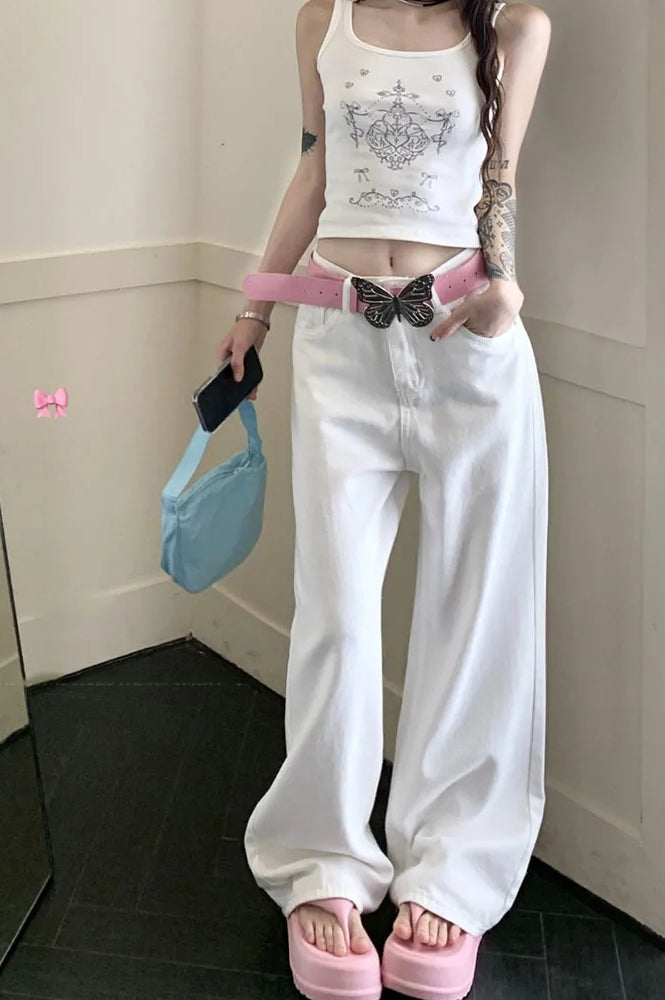 Jeans mit weitem Bein, Schleifendetail und Stickerei