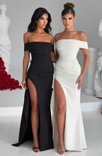 Damen Abendkleid mit schulterfreiem Ausschnitt und Beinschlitz