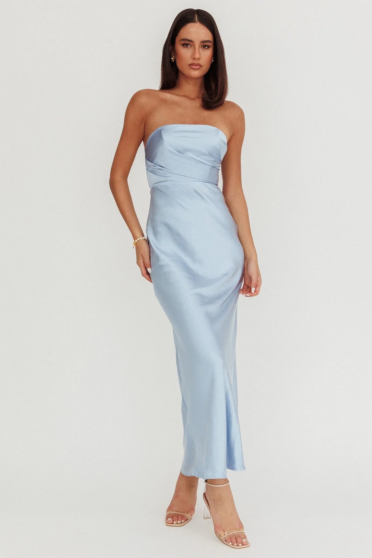 Damen Satin-Maxikleid trägerlos mit Drapierung