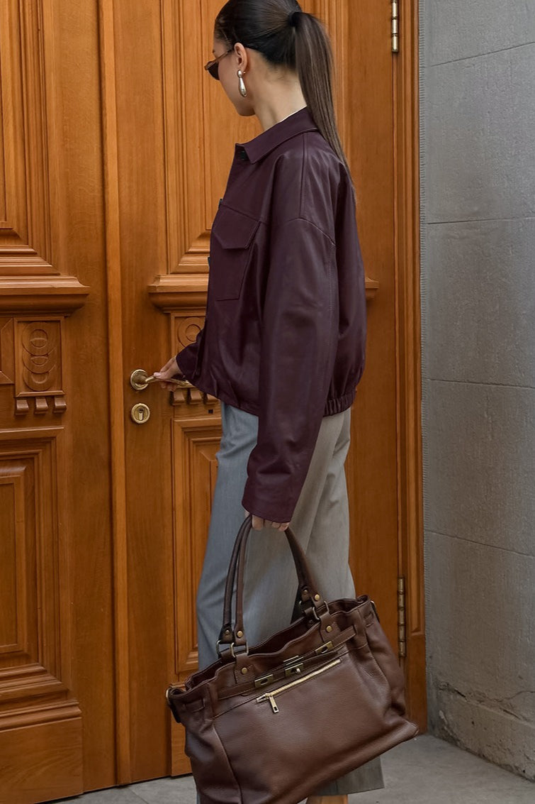 Jacke mit Leder in Bordeaux mit Reverskragen